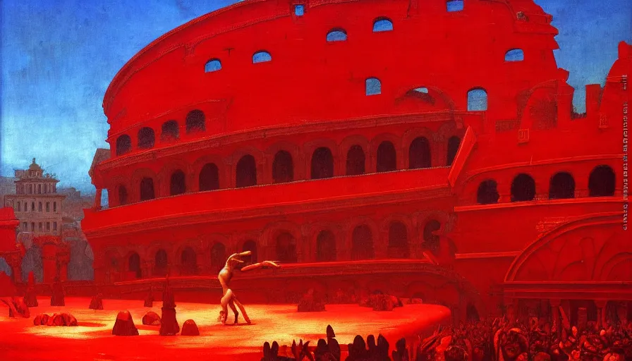 Prompt: only with red, a lightly armored gladiator in a crowded roman amphitheatre, crowd cheering, in the style of beksinski and edward hopper and rodcenko and yue minjun and cory loftis, intricate and epic composition, red by caravaggio, highly detailed, masterpiece, red light, artstation, art nouveau