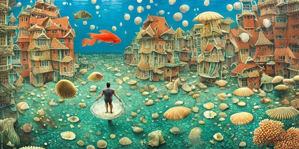 Prompt: man in the swimming suit walks down the street in the underwater city inside!! the seashell, seaweed, corals, carps, koi fish, small scandinavian!!! houses!!!, by jacek yerka by levitan, surrealistic painting, masterpiece, oil painting, sharp focus, highly detailed, intricate, smooth, 8 k,