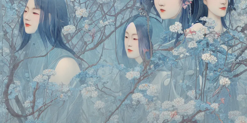 Image similar to breathtaking detailed concept art painting art deco pattern of japanese faces goddesses amalmation light - blue flowers with anxious piercing eyes and blend of flowers and birds, by hsiao - ron cheng and john james audubon, bizarre compositions, exquisite detail, extremely moody lighting, 8 k