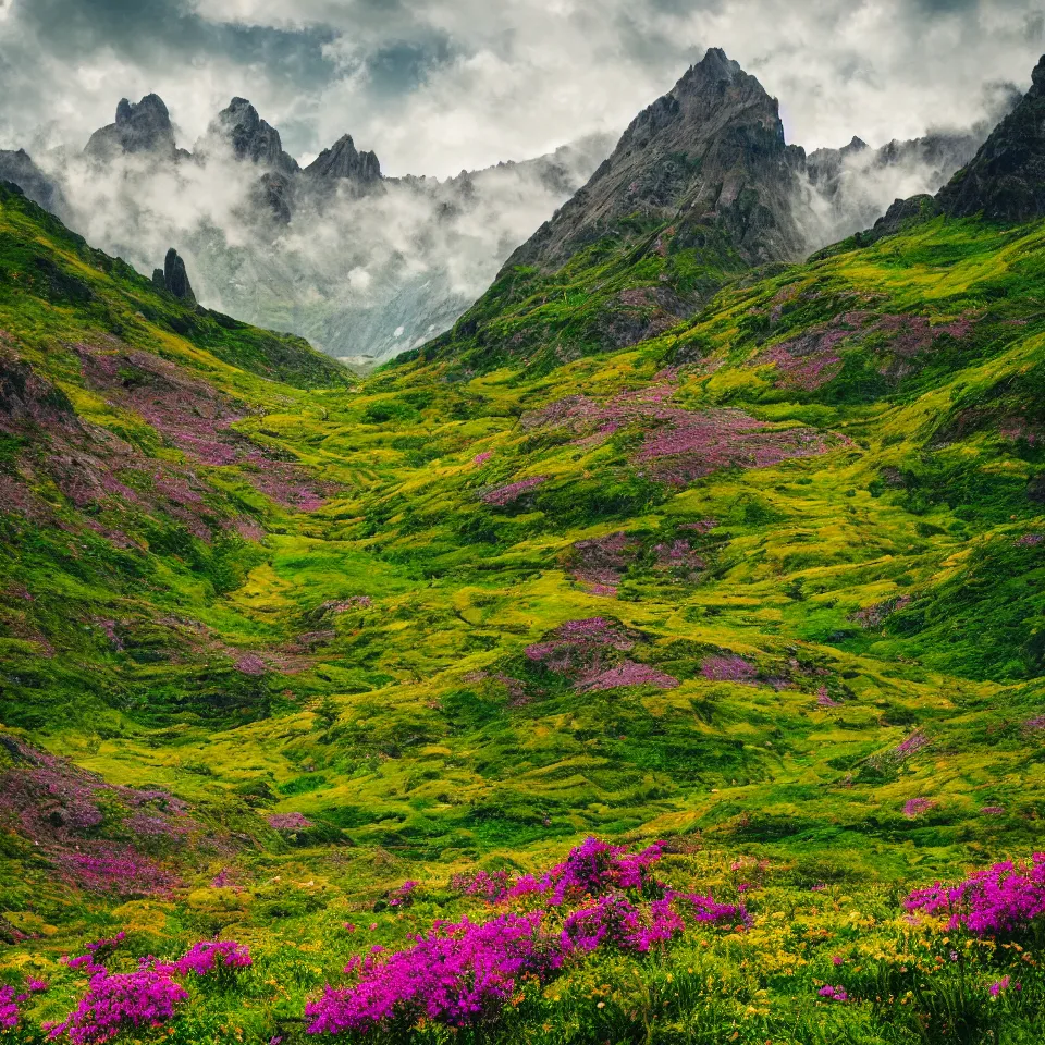 Prompt: valley of flowers with high and small monoliths, humans, renaissance style, film grain, high detailed,