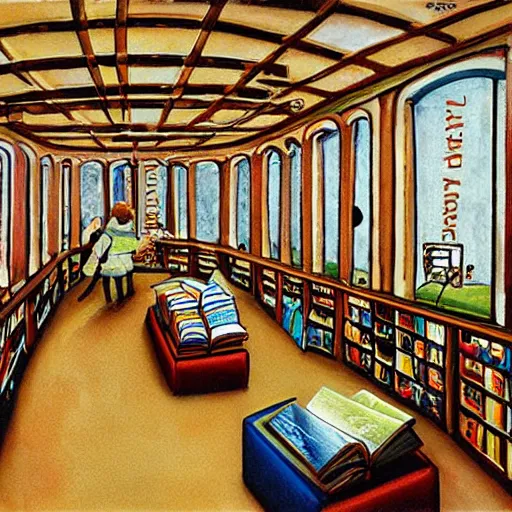 Image similar to panting of book store in space