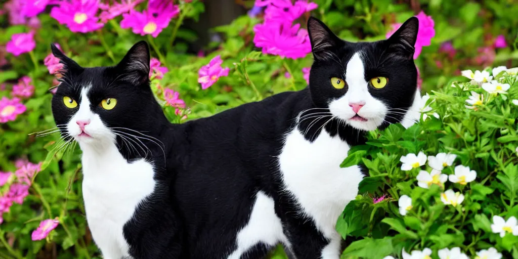 Prompt: a tuxedo cat with a white chin, black face, white whiskers and a white spade on his chest sitting in a flower bed