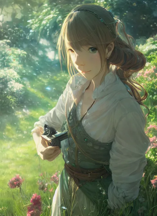 Image similar to a portrait of the emerald herald in the garden, fine details, intricate, tone mapped, ambient lighting, highly detailed, digital painting, concept art, sharp focus, by makoto shinkai and akihiko yoshida and hidari and wlop