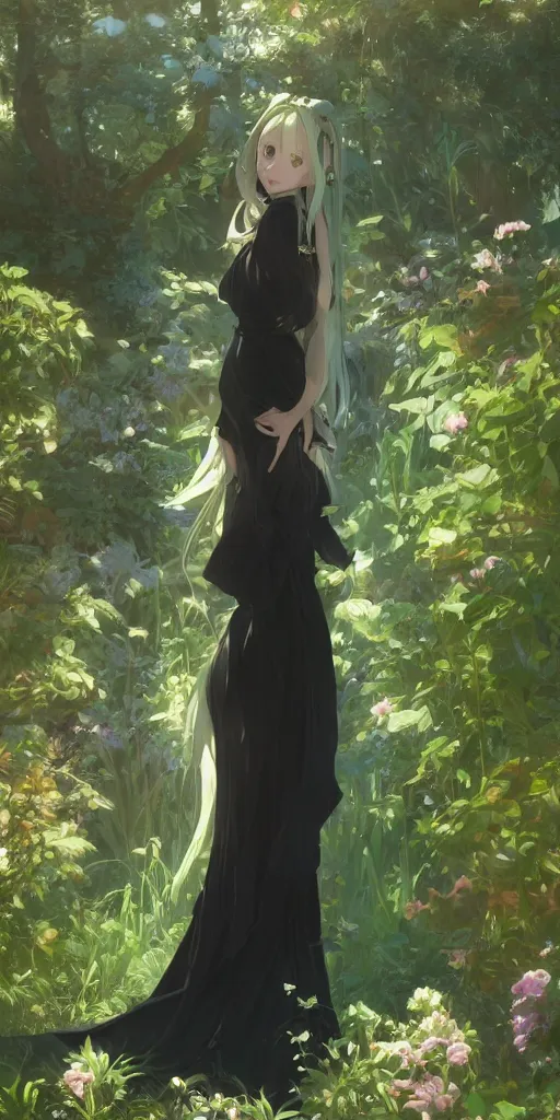 Image similar to a loli with long hair in a black dress in the privet garden at after noon, green and warm theme, back lighting, by krenz cushart and mucha and akihito yoshida and greg rutkowski and makoto shinkai, extremely long shot, detailed eyes, 4 k resolution, highly detailed, trending on art station