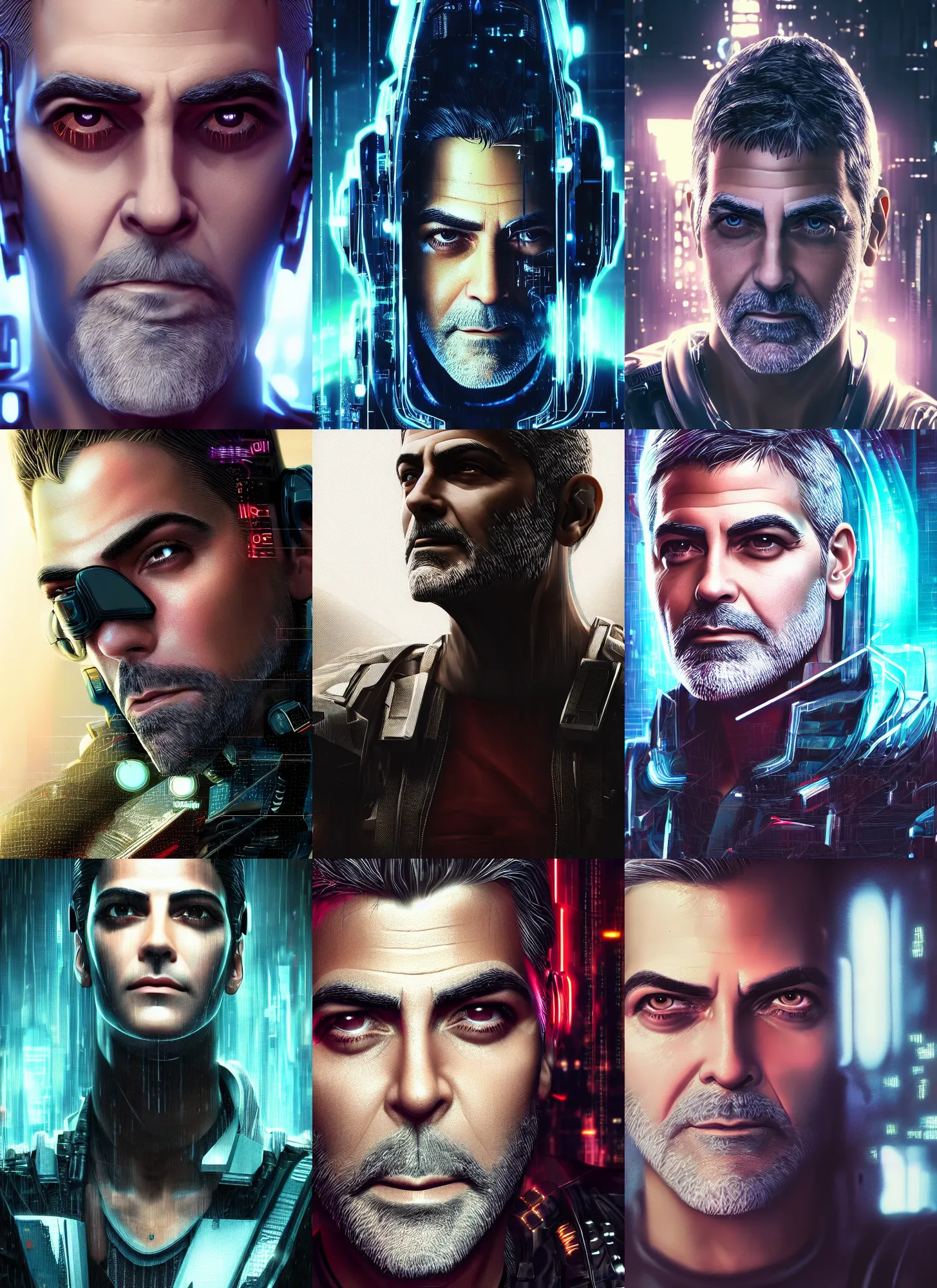 Prompt: cyberpunk portrait of beautiful cyber George Clooney, George Clooney, cyberpunk, photorealistic, octane render, beautiful eyes, 35mm, coherent, intricate, 4k, intricate details, concept art, studio lighting, trending or artstation, award winning, hyperrealistic, 8k, hd