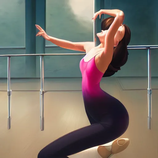 Image similar to portrait of a beautiful girl with dark hair as a ballerina, ballet studio background, rich vivid colors, ambient lighting, dynamic lighting, 4k, HQ, official media, anime key visual, makoto shinkai, ilya kuvshinov, lois van baarle, rossdraws, detailed, trending on artstation