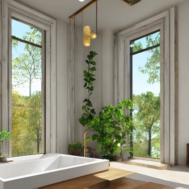 Image similar to post and beam bathroom interior, bathtub with golden faucet, wood cabinets, marble floor, large window in back with new hampshire fall foliage river view, large potted plant, realistic, unreal engine render, octane render, hyper realistic, photo, 8 k