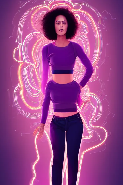 Image similar to a award winning half body portrait of a beautiful woman in a croptop and cargo pants with ombre purple pink teal hairstyle and hands in pockets by ari liloan, surrounded by whirling illuminated lines, outrun, vaporware, shaded flat illustration, digital art, trending on artstation, highly detailed, fine detail, intricate