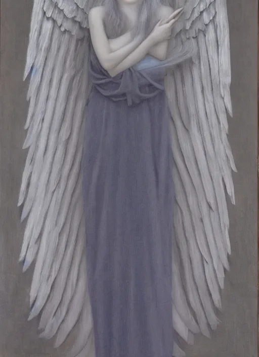 Image similar to thin young beautiful angel with silver hair so long, pale!, wearing silver hair, silver angel wings, wan adorable korean face, silver hair!!, style of fernand khnopff and lucien levy - dhurmer, oil on canvas, 4 k resolution, aesthetic!,