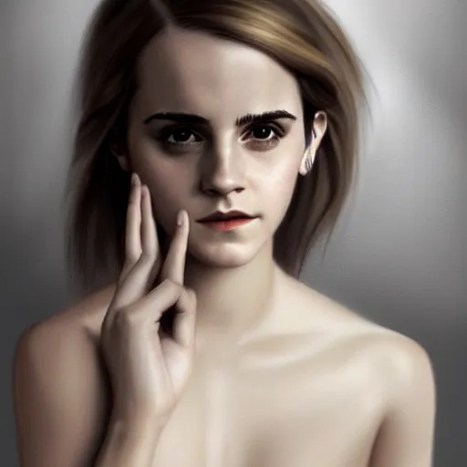 Prompt: Emma Watson showing her ring on realistic finger, realistic, digital painting, portrait, elegant, cinematic lighting, mysterious, highly detailed, artstation, concept art, illustration, smooth, sharp focus, editor's pickup, trending on artstation, trending on deviantart, alphonse mucha, WLOP