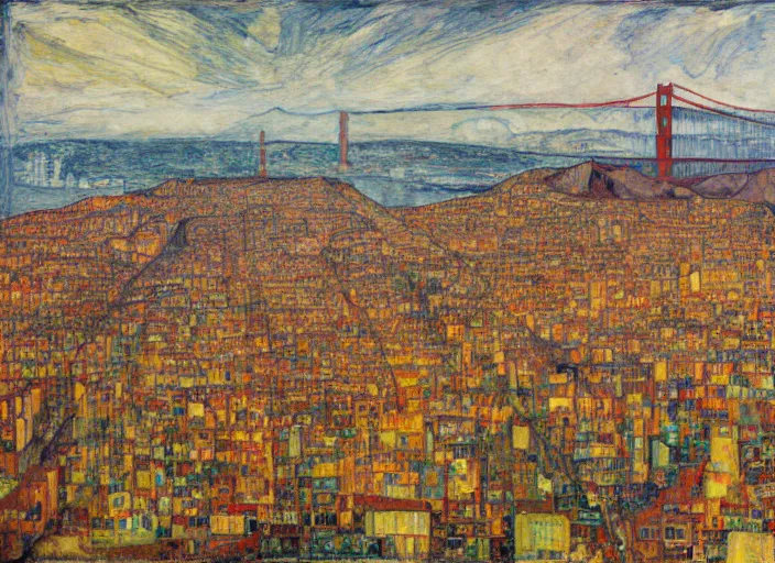 Prompt: a realistic San-Francisco cityscape, bird view, hills, Golden Gate, houses, parks, and hell bursting in style of Egon Schiele, Wayne Thiebaud and Frank Auerbach and Bosch
