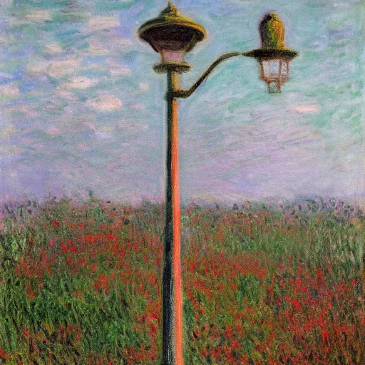 Image similar to A lamppost by Simon Stålenhag and Claude Monet