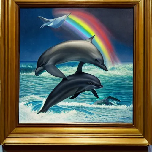 Prompt: a hyper realistic painting of the grim reaper sitting on of a dolphin jumping over a rainbow, by james c christensen and stephen gammel,
