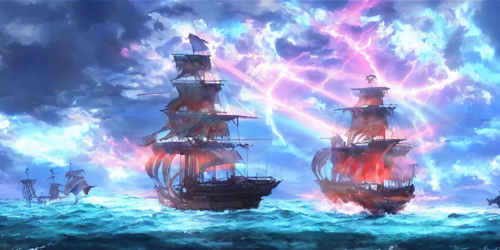 Prompt: pirate ship sailing with glowing birds near the ship, blue sunrays piercing the clouds crepuscular rays, boisterous heaven, raging sky, storm, sun lighting, hd wallpaper thousand sunny one piece, through clouds, makoto shinkai, lighting refraction, volumetric lighting, pixiv art, highly detailed, anime art, symmetrical, anime art