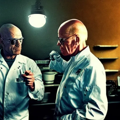 Image similar to “Very photorealistic screenshot of Joe Biden and Walter White cooking drugs in an episode of Breaking Bad, atmospheric lighting, award-winning”