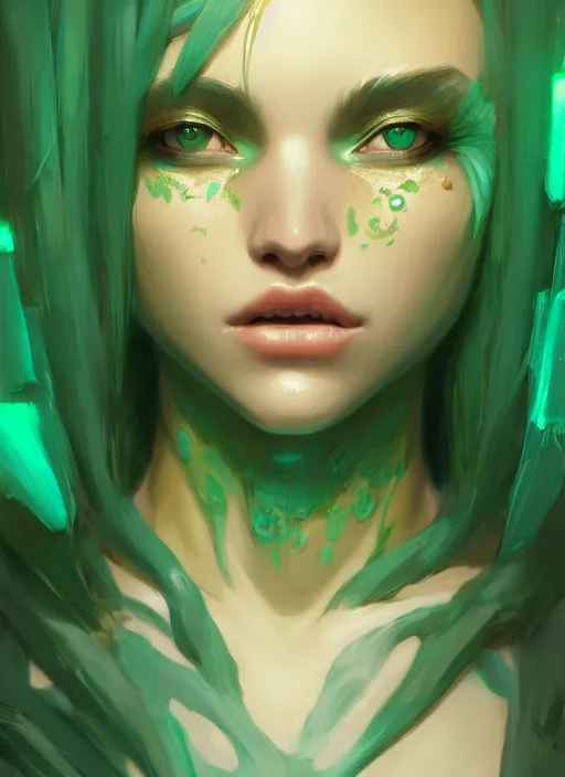 Image similar to female green and teal venon, naturel, hyper detailed, digital art, trending in artstation, cinematic lighting, studio quality, smooth render, unreal engine 5 rendered, octane rendered, art style by klimt and nixeu and ian sprigger and wlop and krenz cushart
