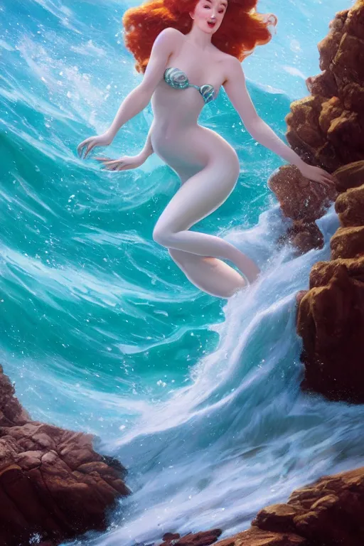 Image similar to sophie turner as the little mermaid splashed onto a rock ocean wave by Gil Elvgren Stanley Artgerm Lau, WLOP, James Jean, Andrei Riabovitchev, Marc Simonetti, Yoshitaka Amano, ArtStation, CGSociety, cinematic lighting, shining eyes, art nouveau