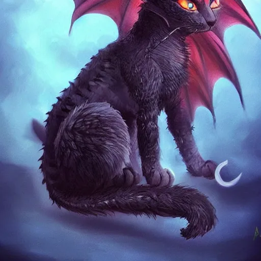 Image similar to an crossbreed between a dragon and a kitten, black fur, black wings, fantastic animal, magical, very cute, adorable, charming, amazing details, bright colors, ultra high definition, artstation pixiv, concept art,