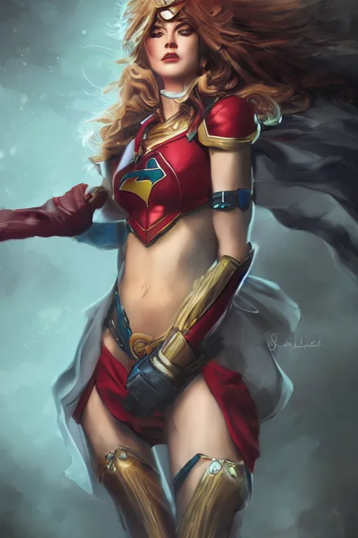 Image similar to three quarters portrait of a beautiful woman,super hero costume,heroic pose,highly detailed, digital painting,illustration, art by Stanley Lau