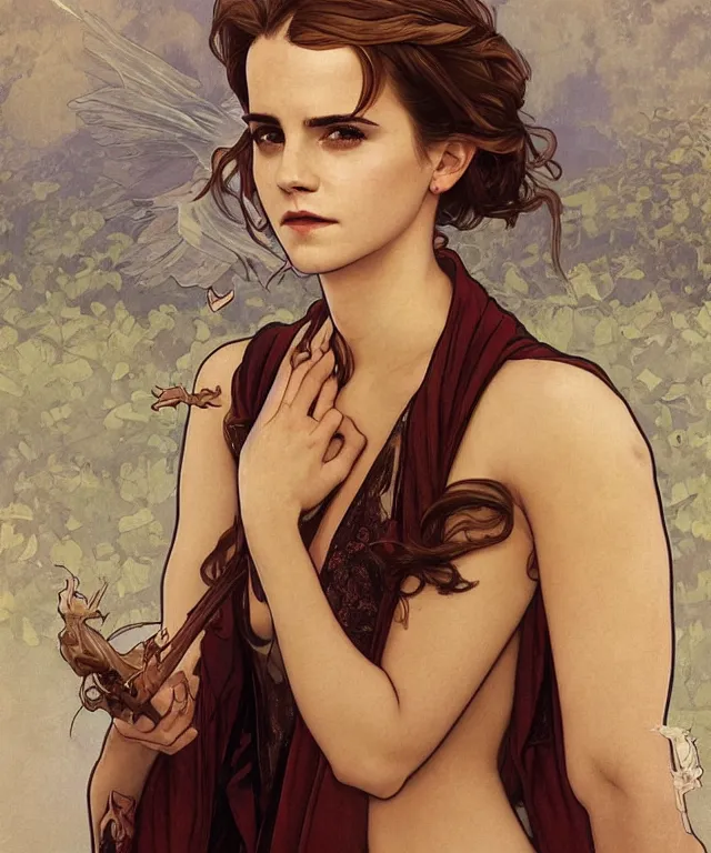 Image similar to Emma Watson as Lucifer morningstar, highly detailed, digital painting, artstation, concept art, smooth, sharp focus, illustration, ArtStation, art by artgerm and greg rutkowski and alphonse mucha and J. C. Leyendecker and Edmund Blair Leighton and Katsuhiro Otomo and Geof Darrow and Phil hale and Ashley wood and Ilya repin and Charlie Bowater