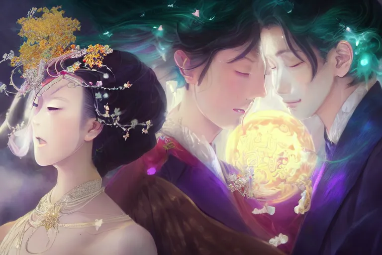 Image similar to a dreamlike portrait of wedding photograph close up moment of a divine a taiwan sun god and moon goddess lovers magician at a wedding banquet. portraiture. digital painting. artstation. concept art. fantasy wedding photo. digital painting, 8 k realistic, hyper detailed, by makoto shinkai and akihiko yoshida and hidari and wlop