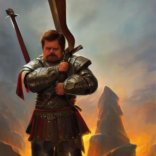 Prompt: ron swanson in medieval plate armor holding a greatsword standing on top of piles of slain enemy footsoldiers, epic fanart, volumetric lighting, oil painting, highly detailed, wide view, sharp focus, painting by daniel gerhartz, alphonse murac, detailed art, artstation