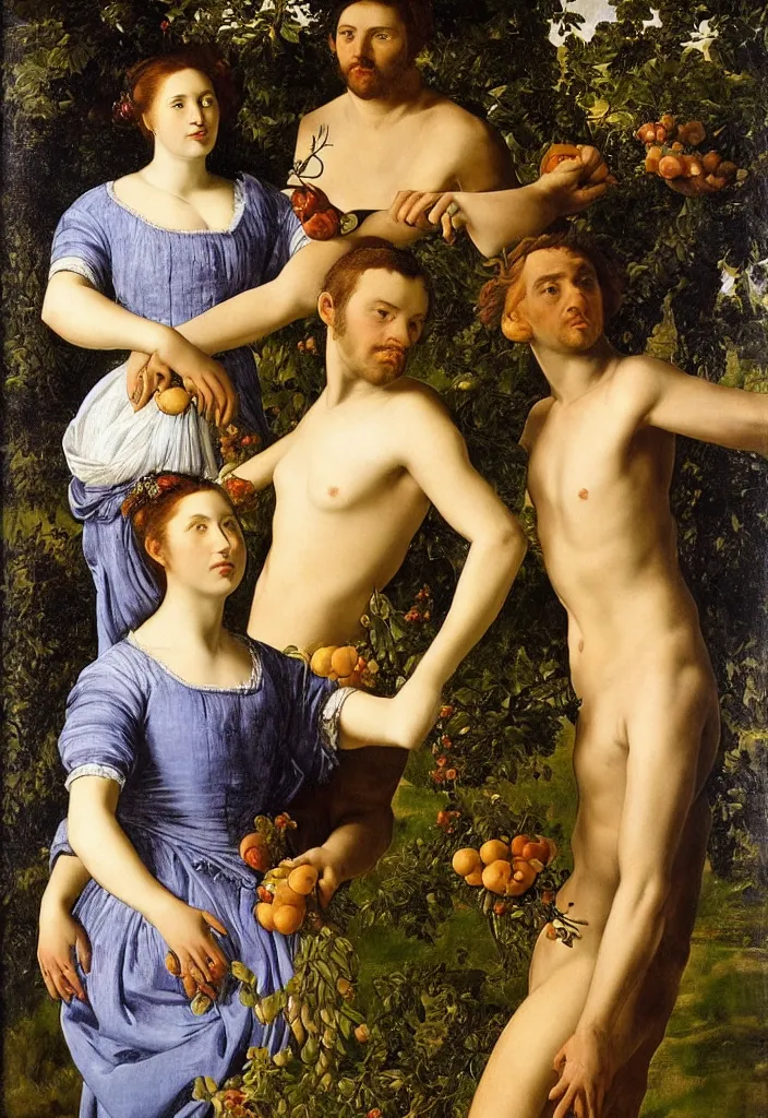 Prompt: 1 men and 1 woman, portrait, face closeup, garden with fruits on trees, ultra detailed, Orazio Gentileschi style, Lucien Lévy-Dhurmer style