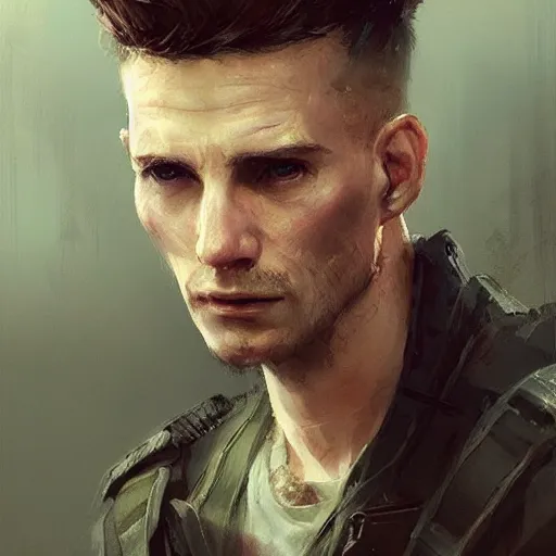 Image similar to Portrait of a man by Greg Rutkowski, he is about 30 years old, short copper hair, attractive, military composure, younger brother vibes, he is wearing futuristic military fatigues, cool uncle vibes, highly detailed portrait, digital painting, artstation, concept art, smooth, sharp foccus ilustration, Artstation HQ.