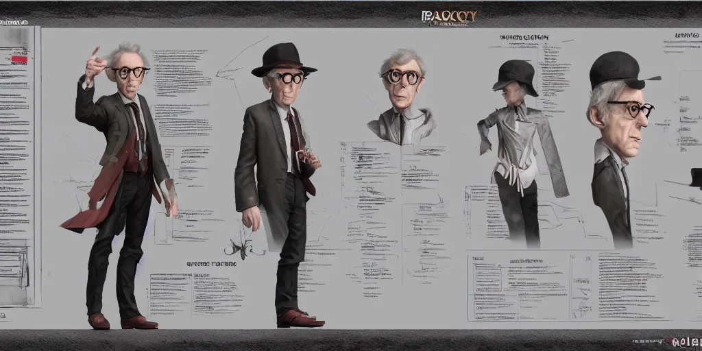 Prompt: evil woody allen character design, character sheet, 3d render, Greg Rutkowski, Zabrocki, Karlkka, Jayison Devadas, Phuoc Quan, trending on Artstation, 8K, ultra wide angle, zenith view, pincushion lens effect