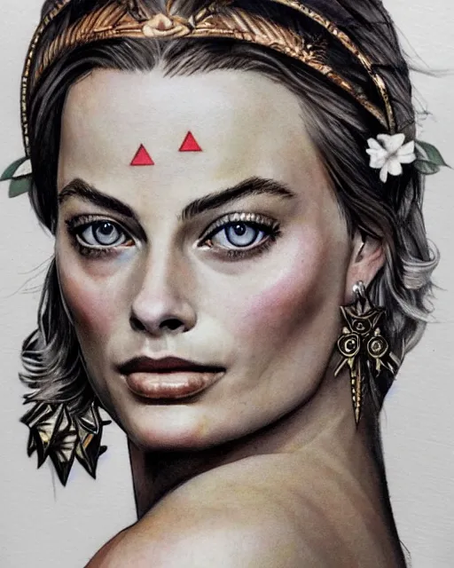 Image similar to realism tattoo sketch of margot robbie as a beautiful greek goddess aphrodite with piercing eyes wearing a laurel wreath and triangle earrings, in the style of greg rutkowski, amazing detail