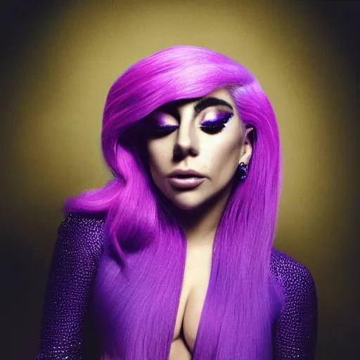 Image similar to lady gaga with pink hair wearing a purple dress, an album cover by Hedi Xandt, featured on tumblr, afrofuturism, made of rubber, made of plastic, elite