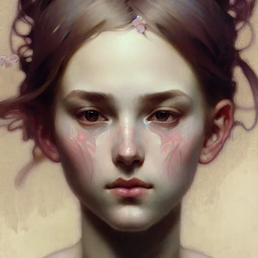 Image similar to A portrait of a girl surrounded by delicate feathers, face, intricate, elegant, highly detailed, digital painting, artstation, concept art, smooth, sharp focus, illustration, art by Krenz Cushart and Artem Demura and alphonse mucha