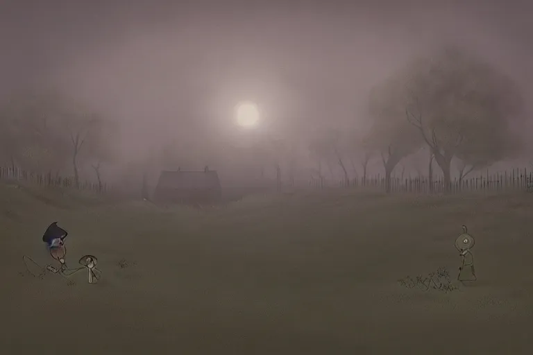 Image similar to “over the garden wall, illustration, 8k, digital masterpiece, gloomy, atmospheric fog, highly detailed”