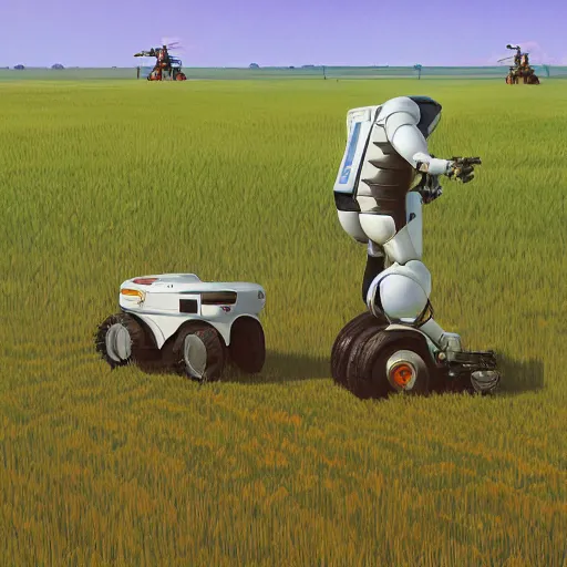 Prompt: Two robot farmers working in the field, detailed art by Ilya Kuvshinov