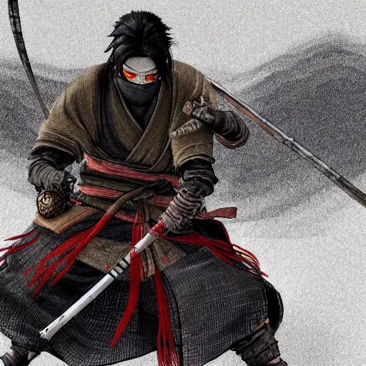 Prompt: japanese ninja boss inspired from sekiro shadows die twice near a camp fire, evening time, digital illustration, highly detailed art, 8k image quality, full body camera shot