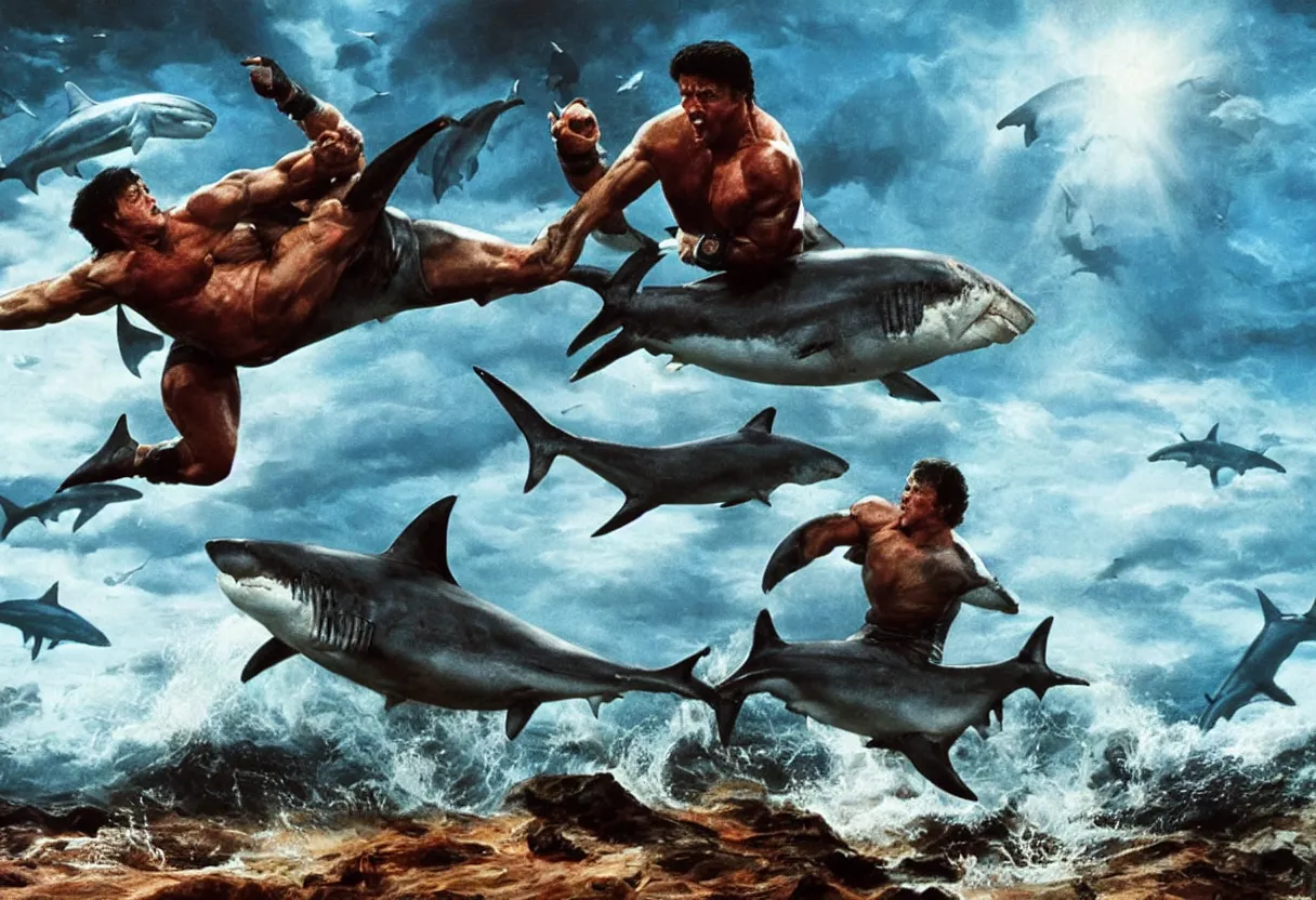 Prompt: sylvester stallone in a fight versus giant shark, colorfully background, hyper realism, matte painting, realistic, dramatic lighting, octane render, highly detailed, cinematic lighting, cinematic, art by rutkowski and frazetta and rembrandt