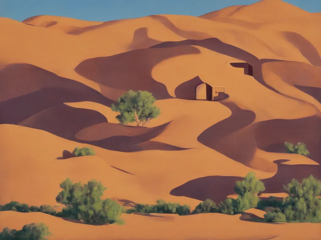 Prompt: painting of a house in the desert designed by alvar aalto, with hills at the background, altiplanic plain, amazing lighting, oil painting, highly detailed