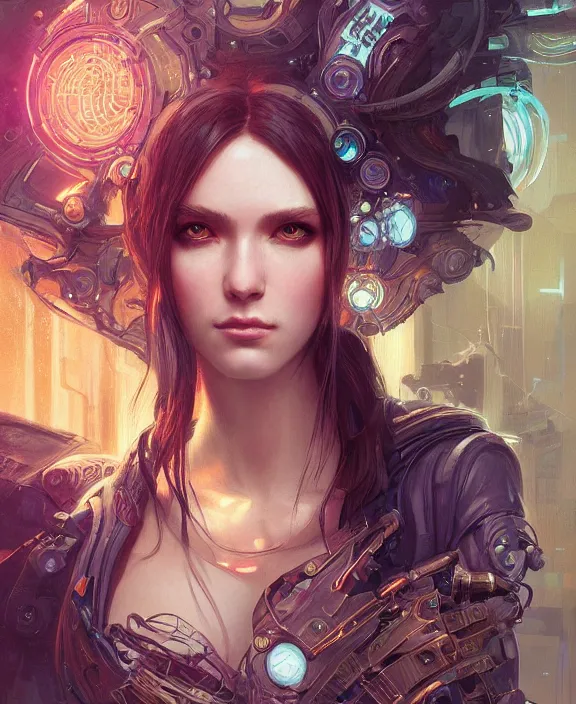 Prompt: portrait of a cyberpunk beautiful goddess, soft hair, half body, d & d, fantasy, intricate, elegant, highly detailed, digital painting, artstation, concept art, art by artgerm and greg rutkowski and alphonse mucha