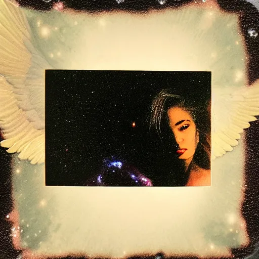 Image similar to a lost female angel glaring into your eyes, deep cosmic eyes, wide long wings made from dark cosmic nebulas, realistic photograph, polaroid pic by horror