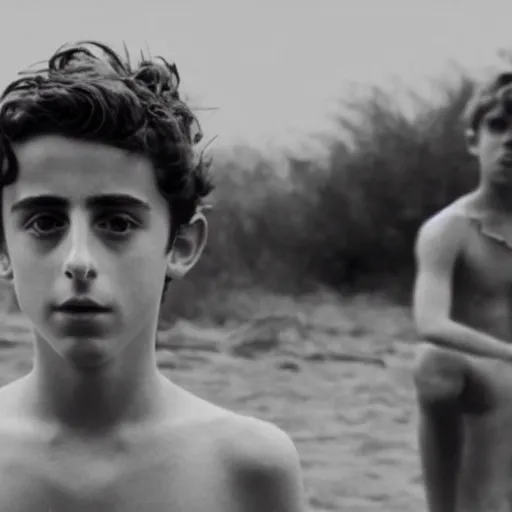 Image similar to timothee chalamet plays ralph in lord of the flies ( 1 9 6 3 ), 3 5 mm black and white, highly detailed, cinematic lighting