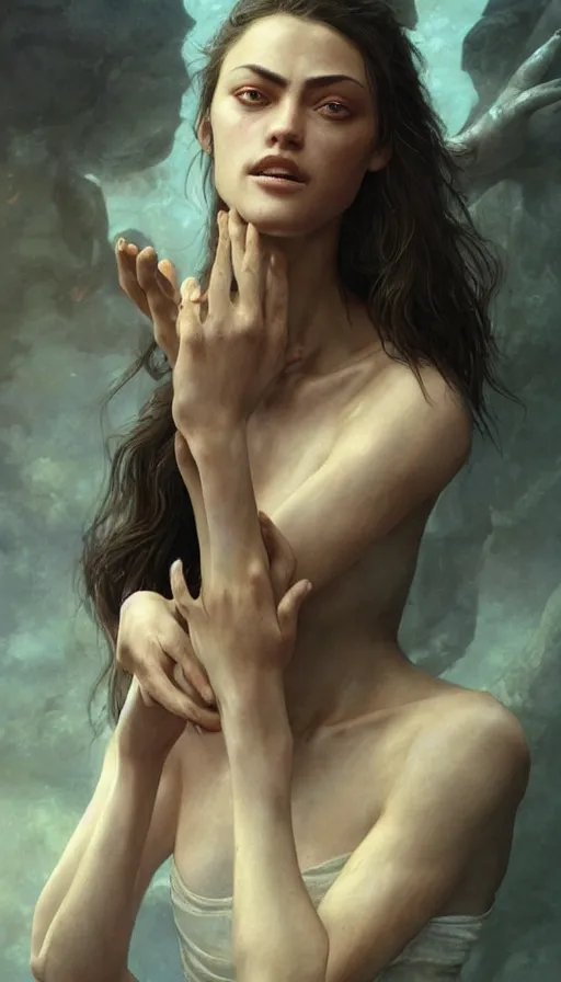 Prompt: epic masterpiece phoebe tonkin, sweaty skin, hyperrealistic, octane render, cinematic, beautiful face and flawless skin, perfect hands, 5 fingers, by edgar maxence and ross tran and michael whelan, legends of runeterra