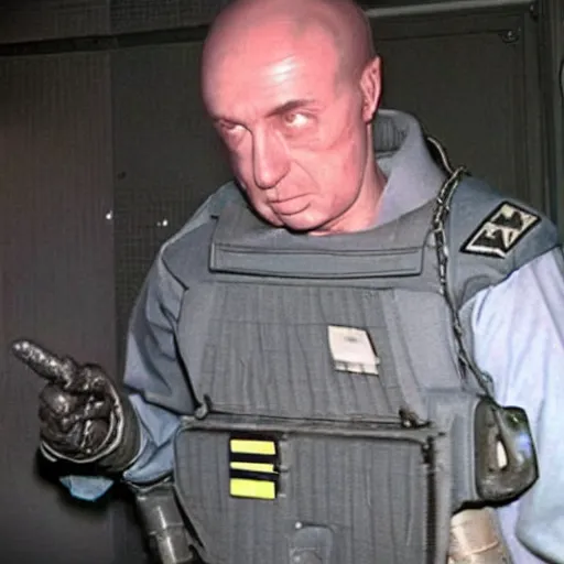 Image similar to extraterrestrial zeta reticulan grey alien, being arrested by spetsnaz