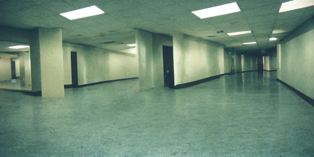 Image similar to a weird place full of people but now empty with eerie feeling, disposable colored camera, camera flash, house, mall, hallway, playground, office, pool, interior, room, full of things