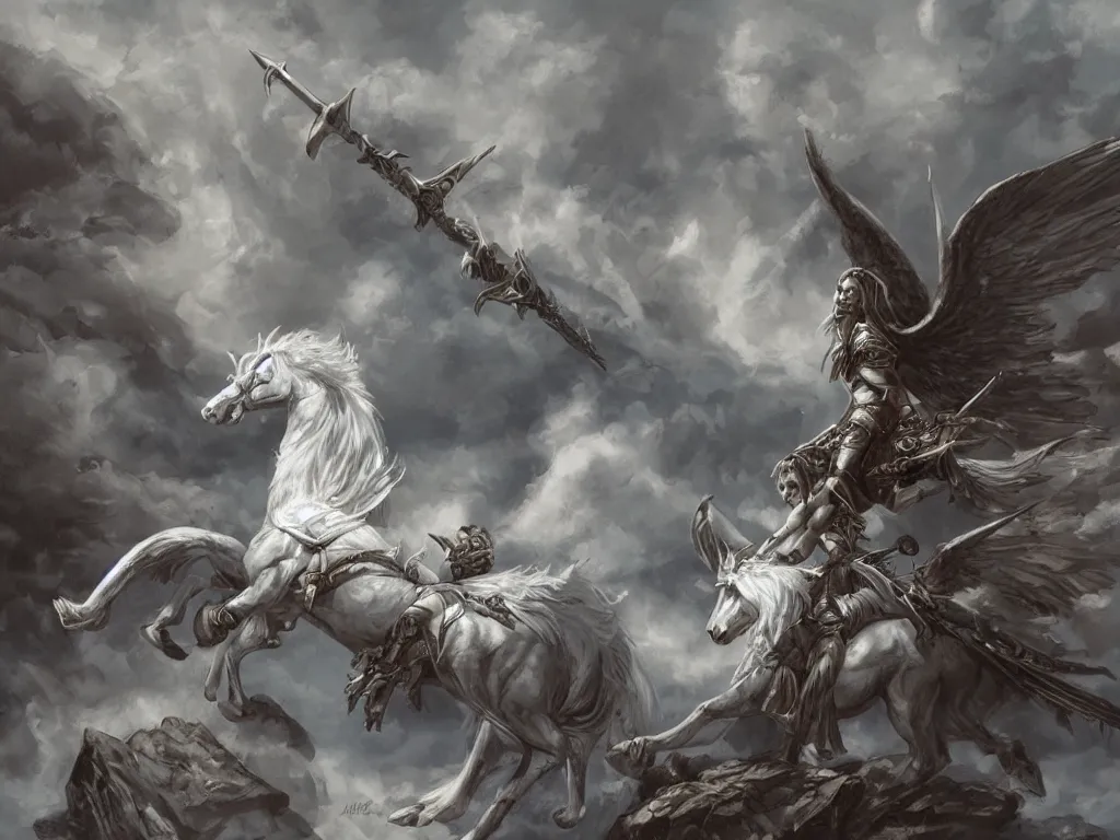 Prompt: valkyrie on white pegasus, epic scene, style of brom, highly detailed