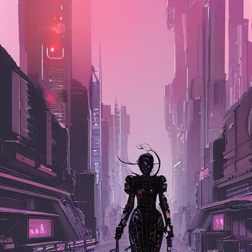 Prompt: cybertronic warrior princess with black armor walking through the streets of a dystopion city by night, cyberpunk, moebius, Jean Giraud, landscape, epic, artstation, dusk