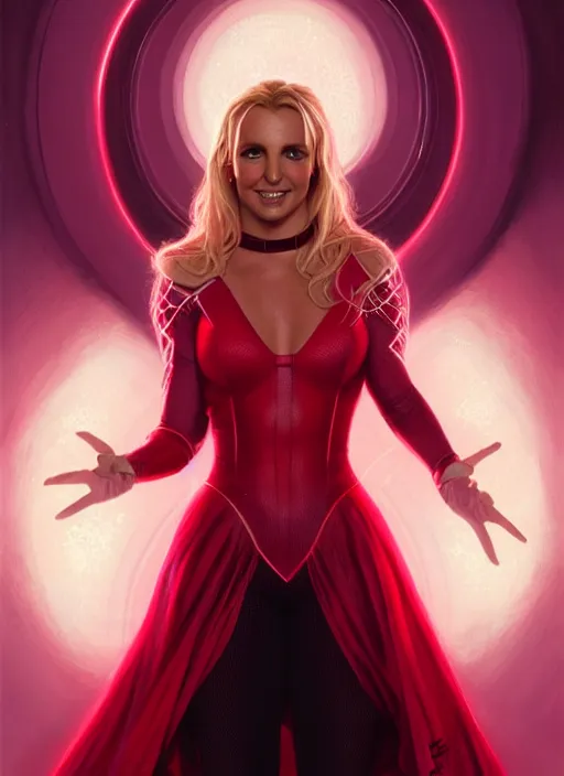 Prompt: britney spears as scarlet witch, intricate, elegant, glowing lights, highly detailed, digital painting, artstation, glamor pose, concept art, smooth, sharp focus, illustration, art by artgerm and greg rutkowski, artey freytag