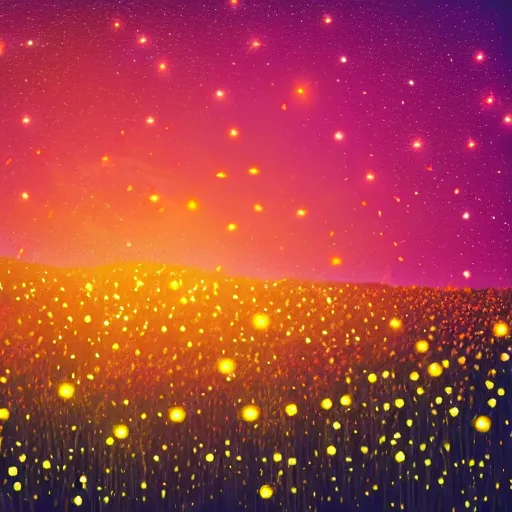 Prompt: realistic field of lit up fireflies, swarm, floral, nighttime, wide shot