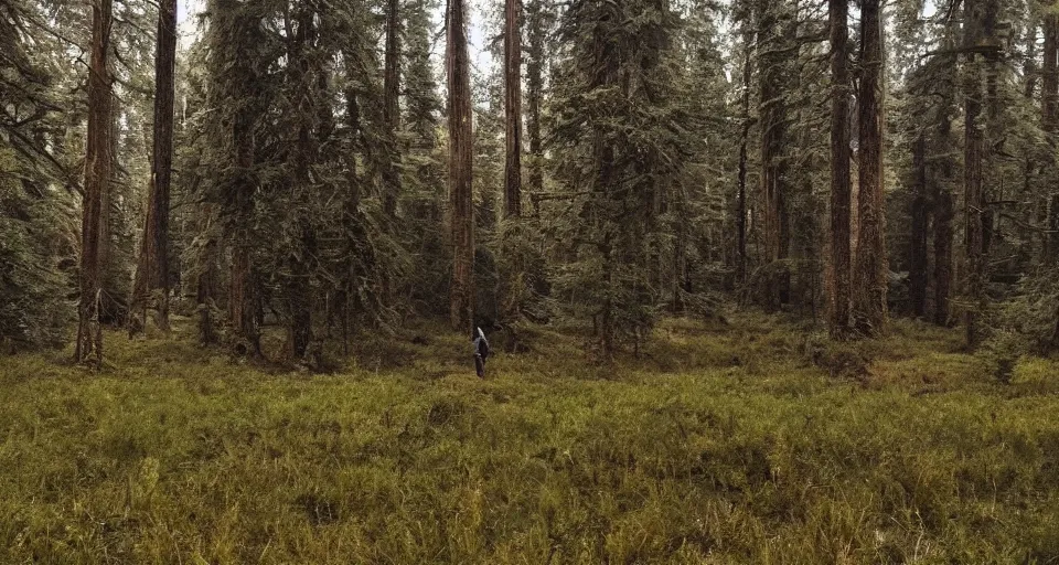 Prompt: First official image from Alejandro Landes' new western film Moss and Lead. Filmed by Jasper Wolf on ALEXA Mini, Vantage One T1 lens in Oregon's Siuslaw National Forest. Starring Gleeson. Cinematography, contrast, nighttime.