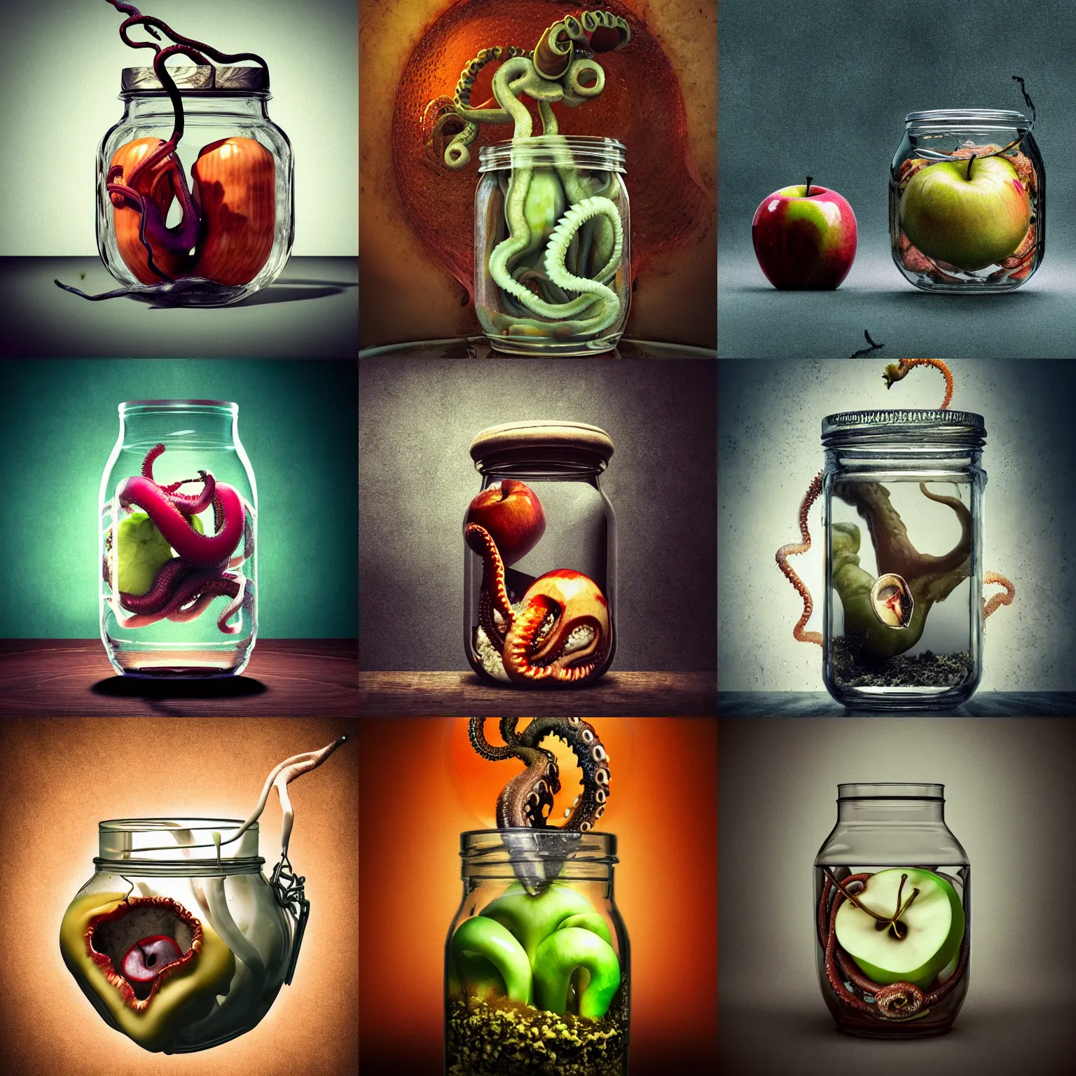 Prompt: tentacles coming out of a rotten apple inside a glass jar realistic photography octane hyperrealistic casual style high detailed
