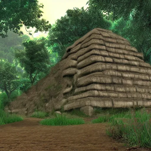 Prompt: seeing ancient civilization while I'm hiding behind leaves in jungle realistic